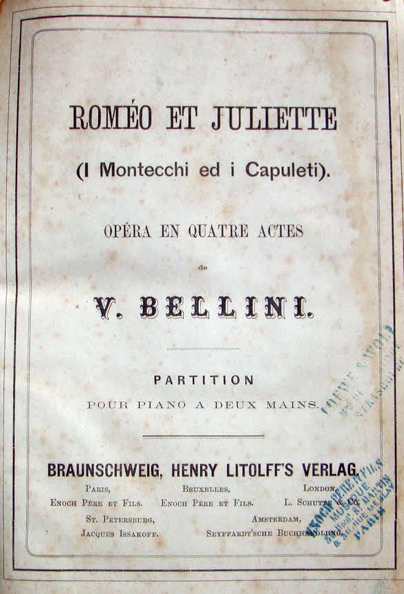 Vincenzo Salvatore Carmelo Francesco Bellini (* 3. November 1801 in Catania, Sizilien; � 23. September 1835 in Puteaux bei Paris) war ein italienischer Opernkomponist.

1830 komponierte er Capuleti e i Montecchi, Tragedia lirica (Libretto von Felice Romani nach italienischen Quellen; nicht nach Shakespeares Romeo und Julia) in Venedig - 39 € mtl./K 350 €