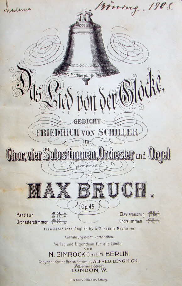 Max Bruch (* 6. Januar 1838 in K�ln; � 2. Oktober 1920 in Berlin) war ein deutscher Komponist und Dirigent. In der Literatur hat er zwei weitere unterschiedliche Vornamen mit Max Christian Friedrich und mit Max Karl August.

Die Glocke, Oratorium nach Das Lied von der Glocke von Friedrich Schiller, op. 45 (1872) - 39 € mtl./K 350 €