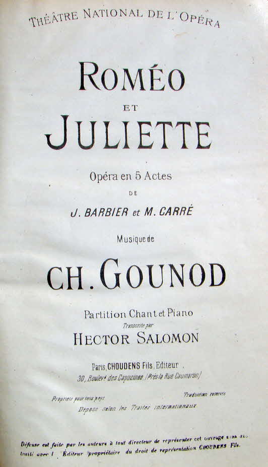 Charles Fran�ois Gounod (* 17. Juni 1818 in Paris; � 18. Oktober 1893 in Saint-Cloud) war ein franz�sischer Komponist.

Rom�o et Juliette (Romeo und Julia) Erstauff�hrung 1867 - 39 € mtl./K 350 €