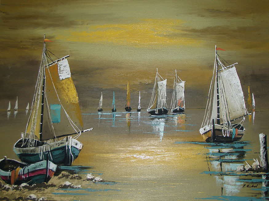 T.Michel - Fischerboote bei Ebbe des Abends bei der Heimkehr nahe dem Strand um 1970 - 46 x 61 cm - 39 € mtl./K 450 €