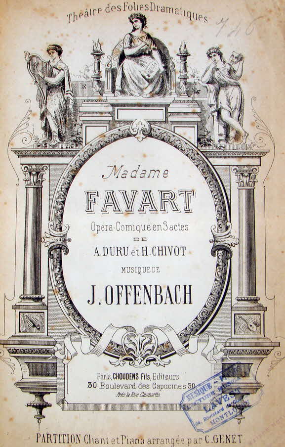 Jakob �Jacques� Offenbach (* 20. Juni 1819 in K�ln,  � 5. Oktober 1880 in Paris) war ein deutsch-franz�sischer Komponist und Cellist. Er gilt als Begr�nder der modernen Operette als eigenst�ndiges und anerkanntes Genre des Musiktheaters.

Madame Favart, op�ra-comique  Erstauff�hrung 1878 - 39 € mtl./K 350 €