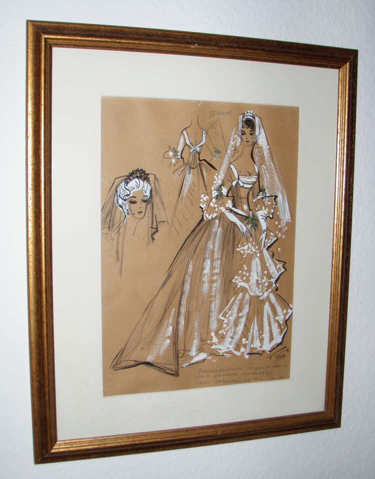 Figurine des Hochzeitskleides der Henriette Duquenoy (gespielt von Uta Sax) aus dem Film - Die Marquise von Arcis - des SFB Berlin 1961 - 38 x 27 cm - 59 € mtl./K 350 €