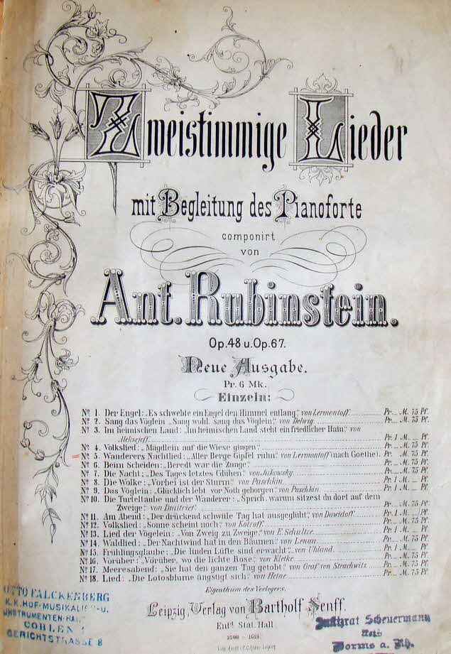 Anton Grigorjewitsch Rubinstein (* 28. November 1829 in Wychwatinez; � 20. November 1894 in Peterhof bei Sankt Petersburg) war ein russischer Komponist, Pianist und Dirigent.
Am 11. Juli 1839 gab Rubinstein als Neunj�hriger sein erstes �ffentliches Konzert in Moskau mit Werken von Hummel, Henselt, Thalberg und Liszt. Nur ein Jahr sp�ter, 1840, unternahm er in Begleitung seines Lehrers Villoing seine erste Auslandstournee nach Paris. Dort lernte er Franz Liszt kennen, der ihn von da an f�rderte und mit dem er zeit seines Lebens in Verbindung bleiben sollte. Durch den Erfolg in Paris ermutigt, setzte Rubinstein seine Konzertreise bis 1843 noch durch verschiedene europ�ische L�nder wie England, die Niederlande, Schweiz und Deutschland fort. In Breslau trat er mit seiner ersten Klavierkomposition Undine auf  - 39 € mtl./K 350 €