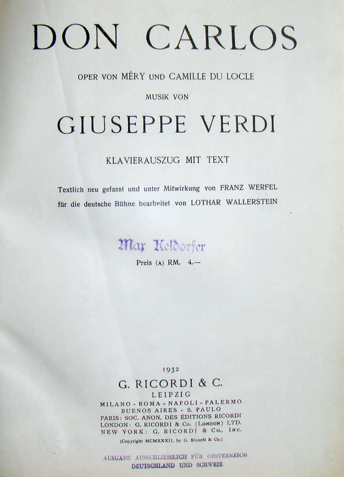 Giuseppe Fortunino Francesco Verdi (* 10. Oktober 1813 in Le Roncole, Herzogtum Parma; � 27. Januar 1901 in Mailand) war ein italienischer Komponist der Romantik.

Don Carlos - Libretto Joseph M�ry und Camille du Locle	Erstauff�hrung 11. M�rz 1867 Op�ra de Paris in der franz�sischen Fassung in f�nf Akten
Don Carlos - Libretto Achille de Lauzi�res und Angelo Zanardini	Erstauff�hrung 10. Januar 1884	Teatro alla Scala, Mailand in der italienischen Fassung in vier Akten - 39 € mtl./K 350 €